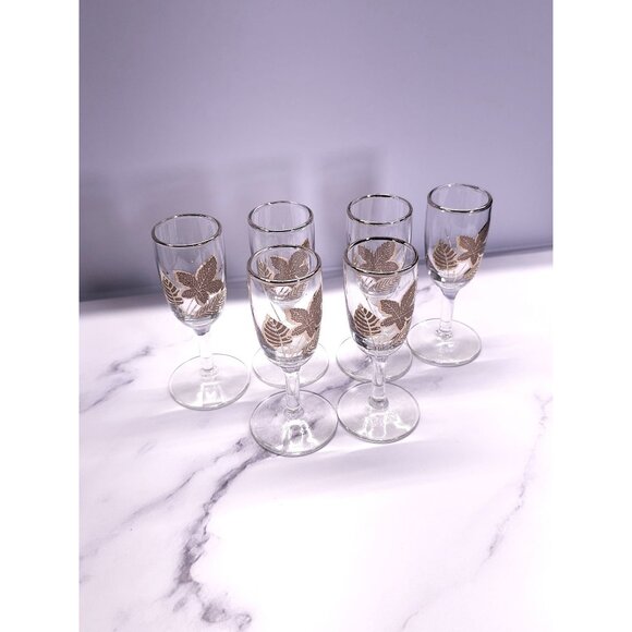 Set Of 6 Vintage Mid-Century Modern Gold Leaf Pattern Cordial Glasses - Picture 9 of 14